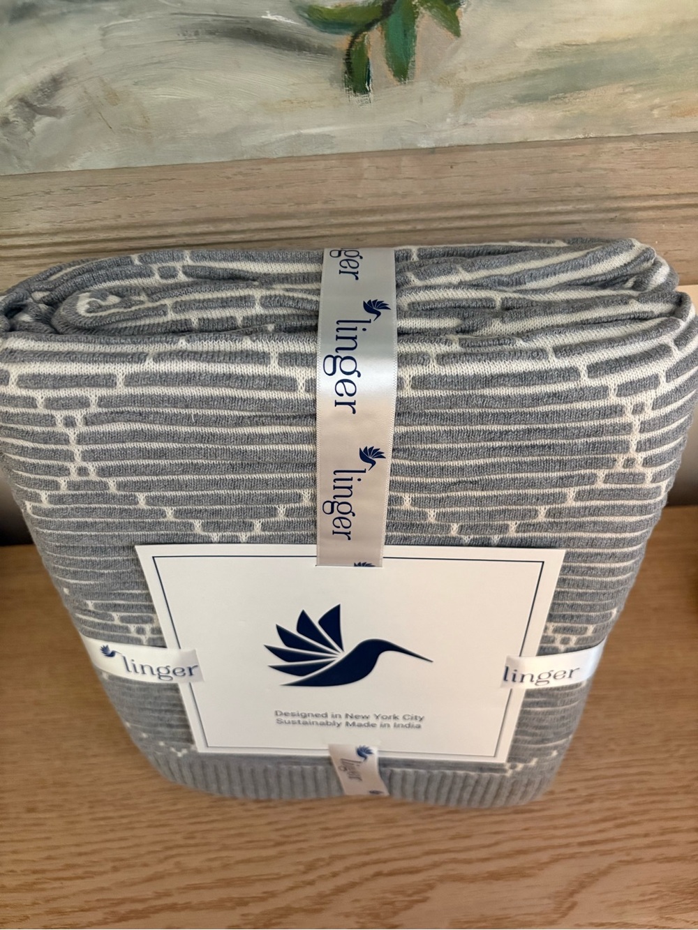Linger NEW Organic Knit Gray & White Striped Pattern Throw Blanket